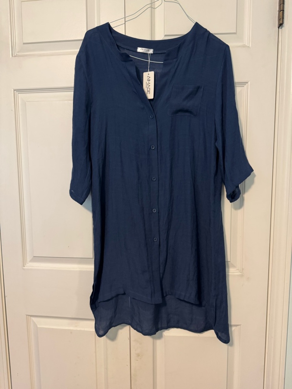 Deep Navy Button-Front Tunic Top by AIMAGE L